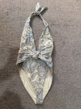 Montce Paisley Halter One-Piece Swimsuit in Light Blue & Cream